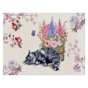 Floral Sleepy Tigger Cat Soft Burlap Canvas Print